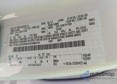 2017 Ford Escape Se из США, поврежденный, VIN 1FMCU0G99HUE48419